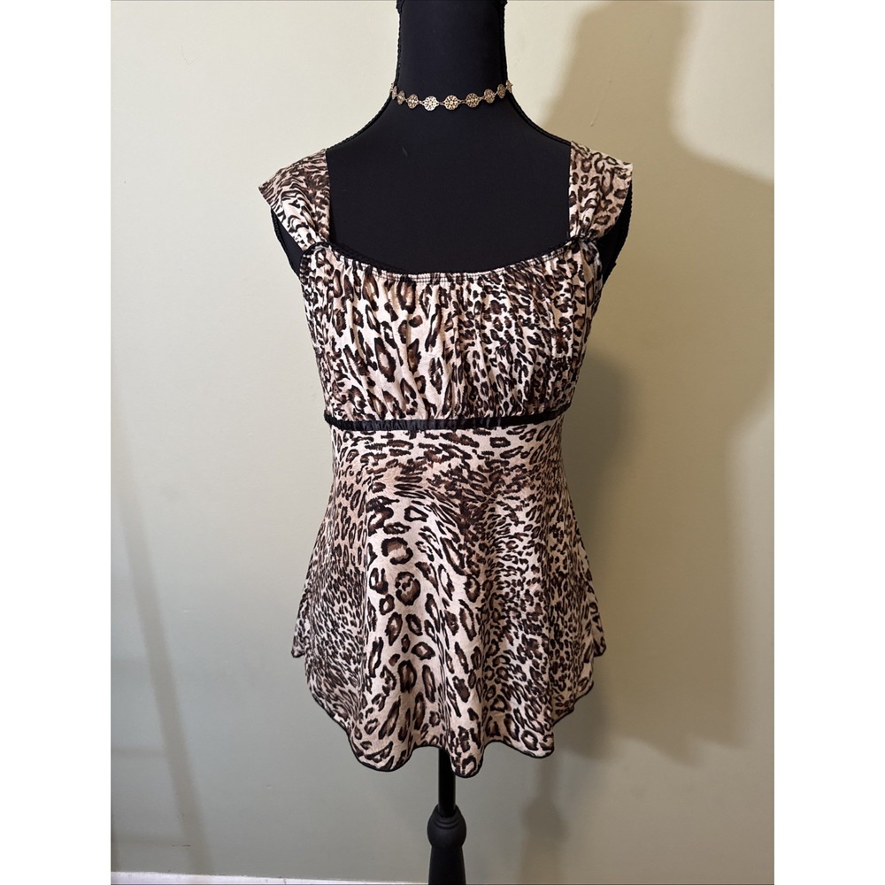 Vintage Y2K Leopard Baby Doll Top Tank Satin Accent Animal Print Size Large